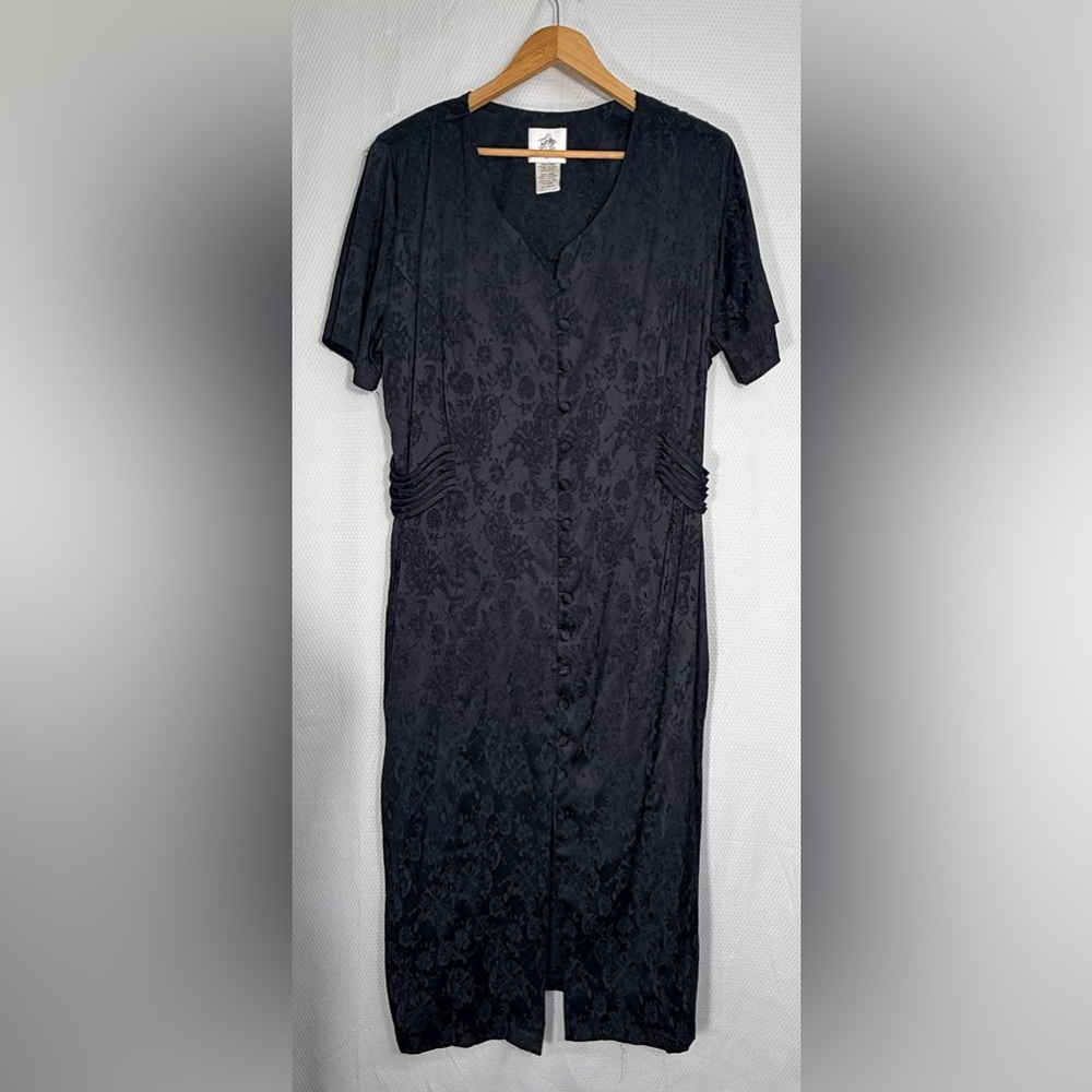 Vintage Just My Size Black Floral Jacquard Button-Front Dress